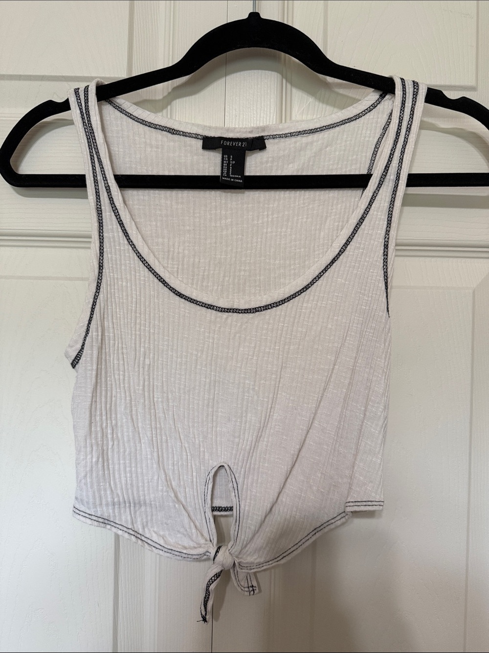 Forever 21 White Ribbed Tie-Front Tank with Black Contrast Stitching